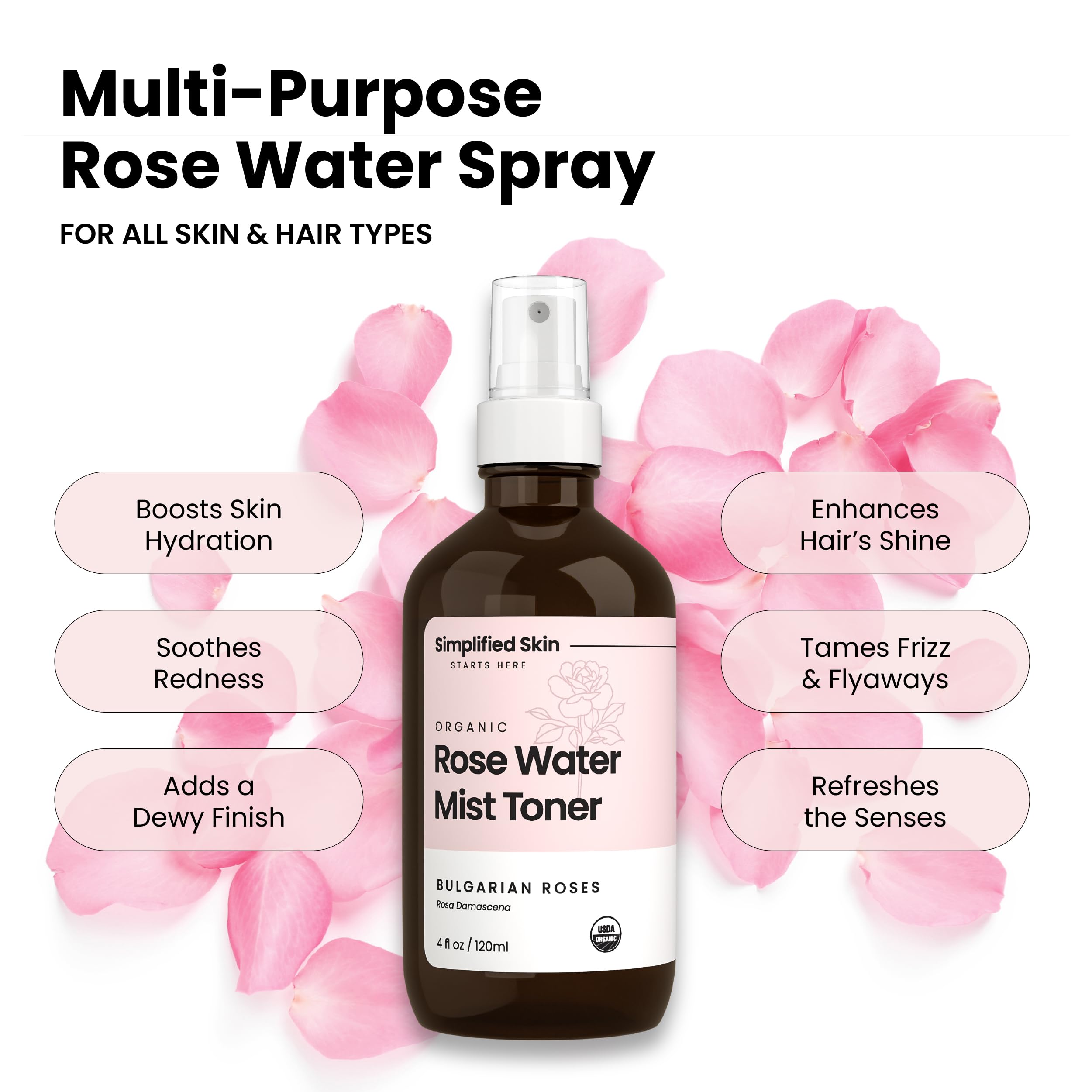 Simplified Skin rosewater toner application for balanced skin and gentle hydration