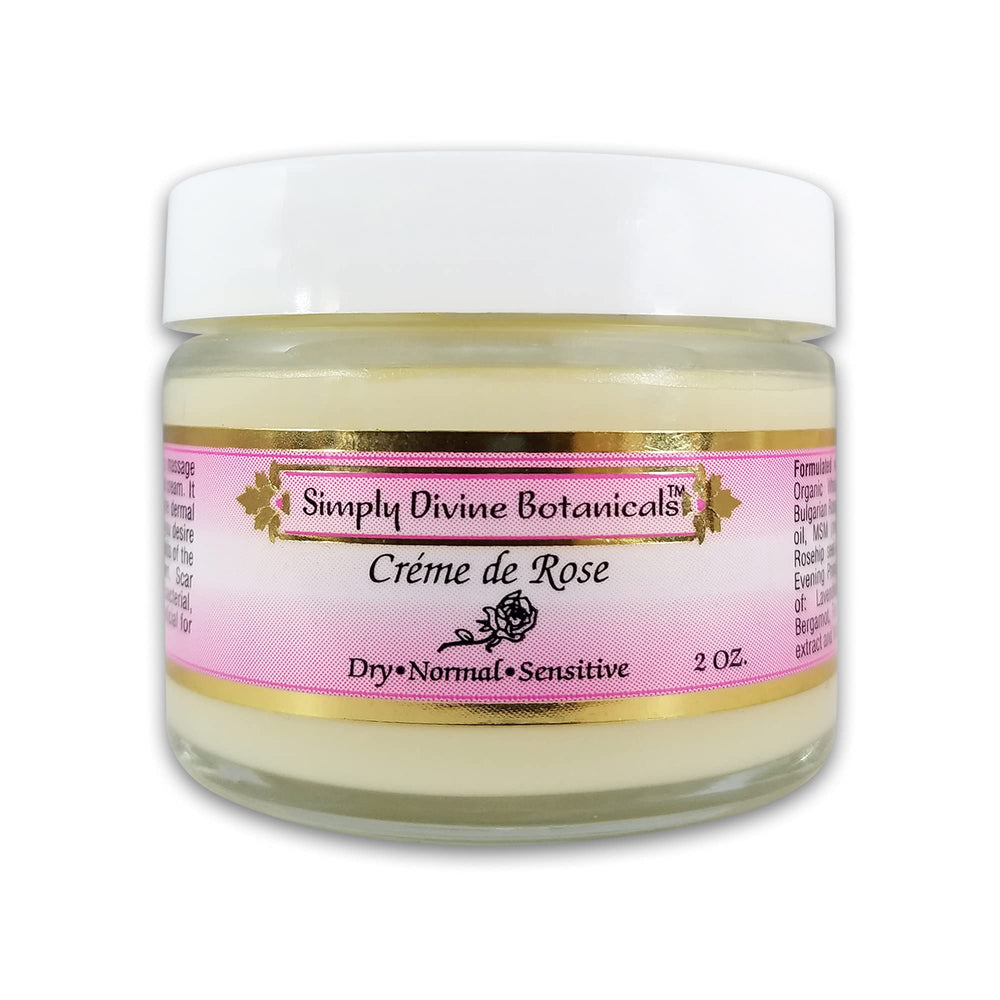 Simply Divine Botanicals Creme de Rose jar showing rich cream for deep hydration