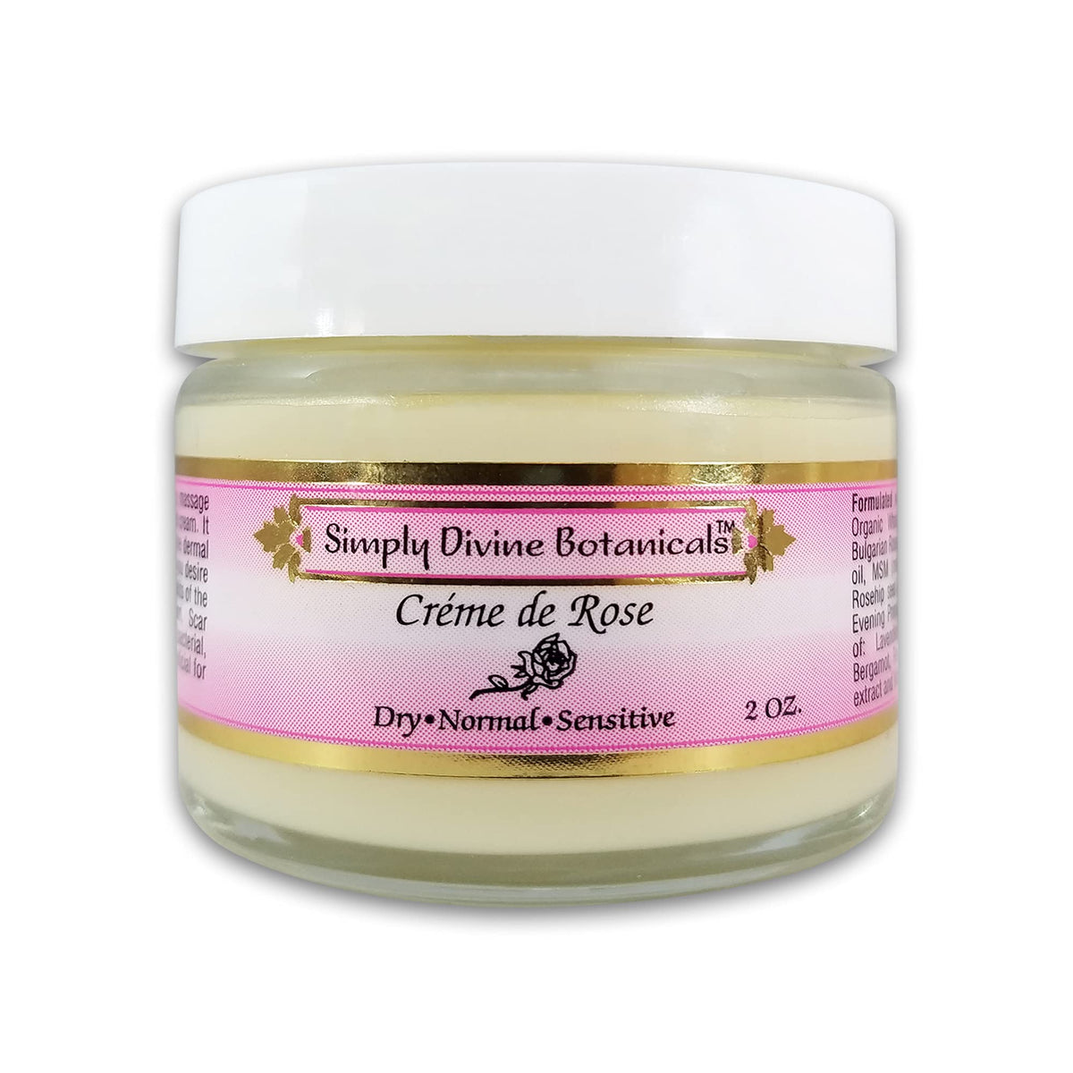 Simply Divine Botanicals Creme de Rose jar showing rich cream for deep hydration