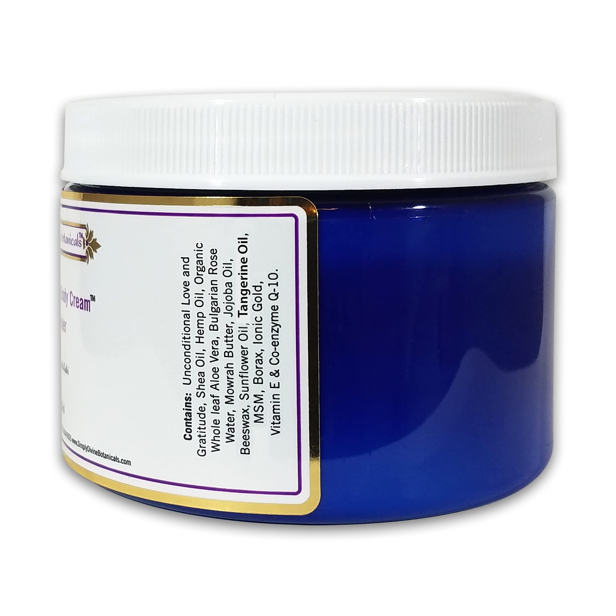 Simply Divine Botanicals Moisturizing Body Cream bottle label highlights cruelty-free, all-natural formula.