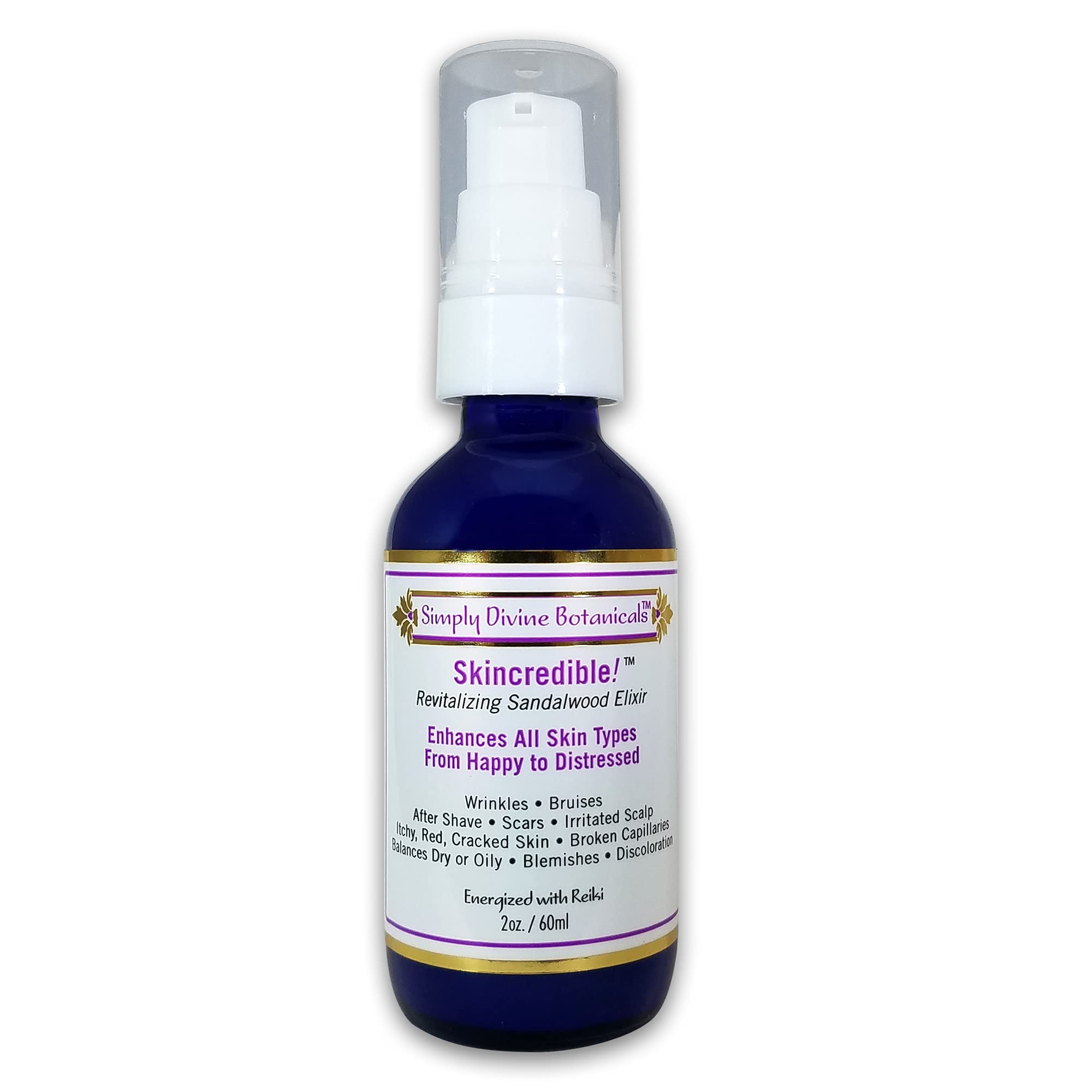 Simply Divine Botanicals Sandalwood Elixir pump bottle for smoother, balanced skin