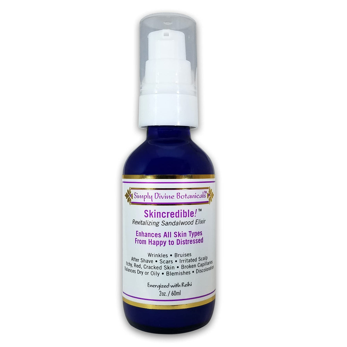 Simply Divine Botanicals Sandalwood Elixir pump bottle for smoother, balanced skin