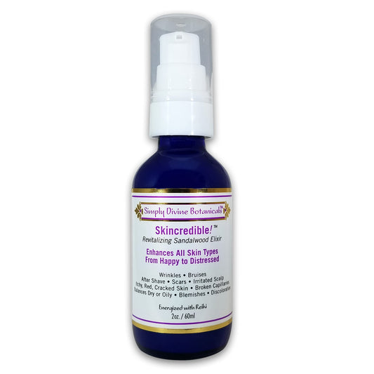 Simply Divine Botanicals Sandalwood Elixir pump bottle for smoother, balanced skin