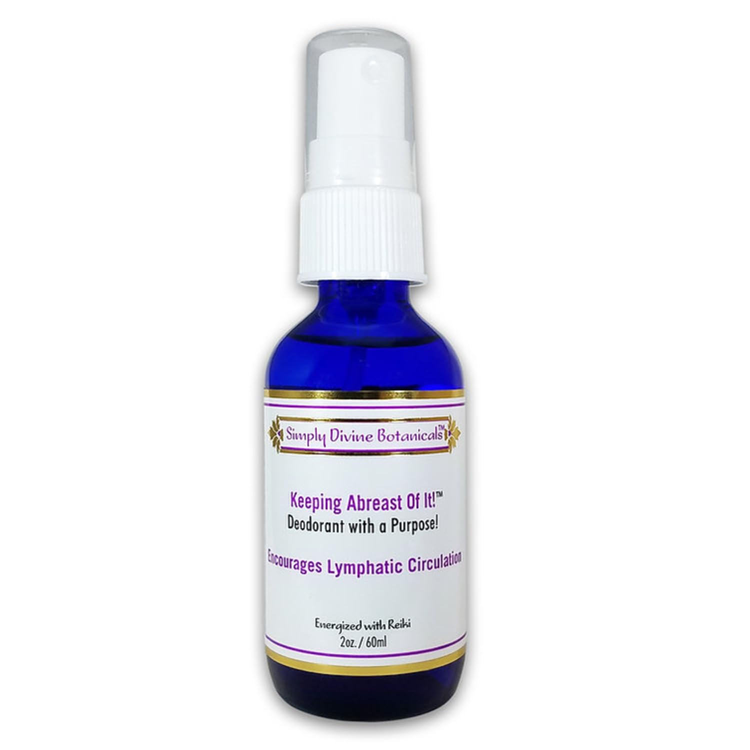 Simply Divine Crystal Ally Deodorant Spray bottle demonstrating natural odor control with angstrom zinc and silver.