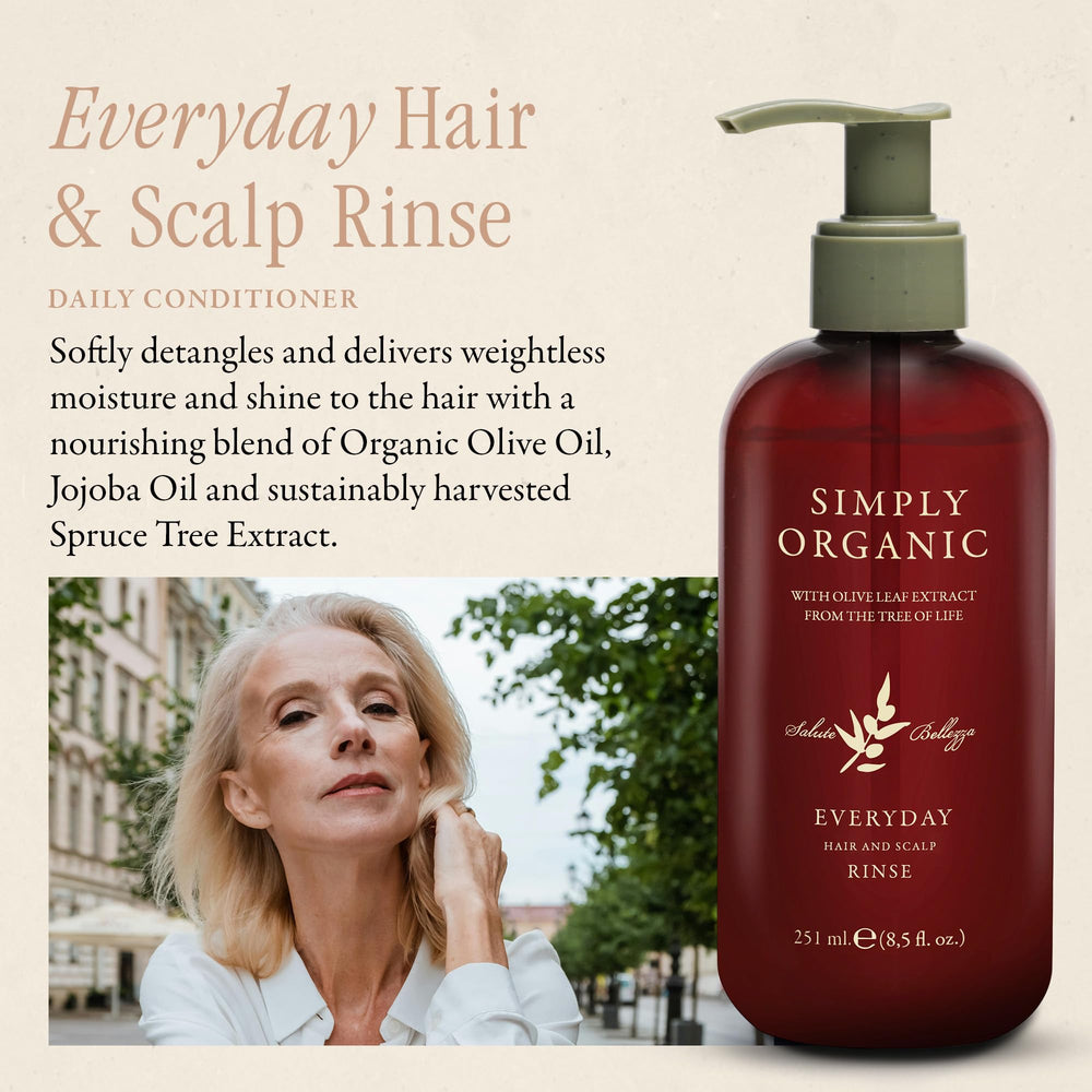 SIMPLY ORGANIC Hair & Scalp Rinse bottle pour for convenient daily use.