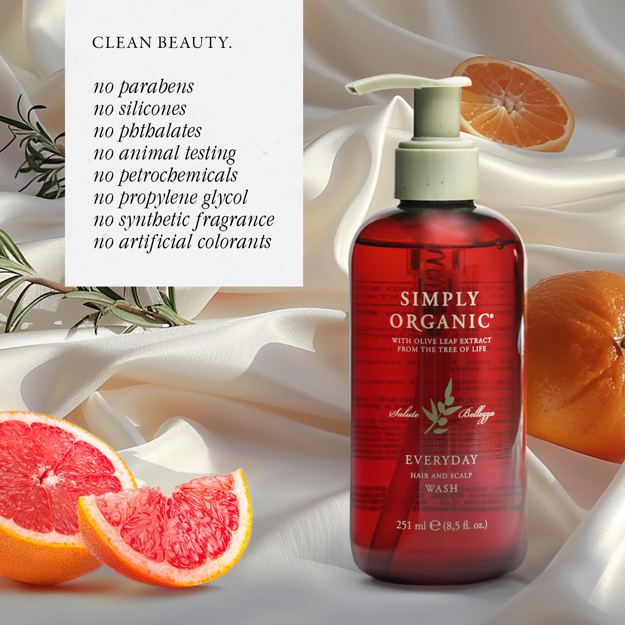 SIMPLY ORGANIC hair wash ingredients closeup with sage lime olive leaf.