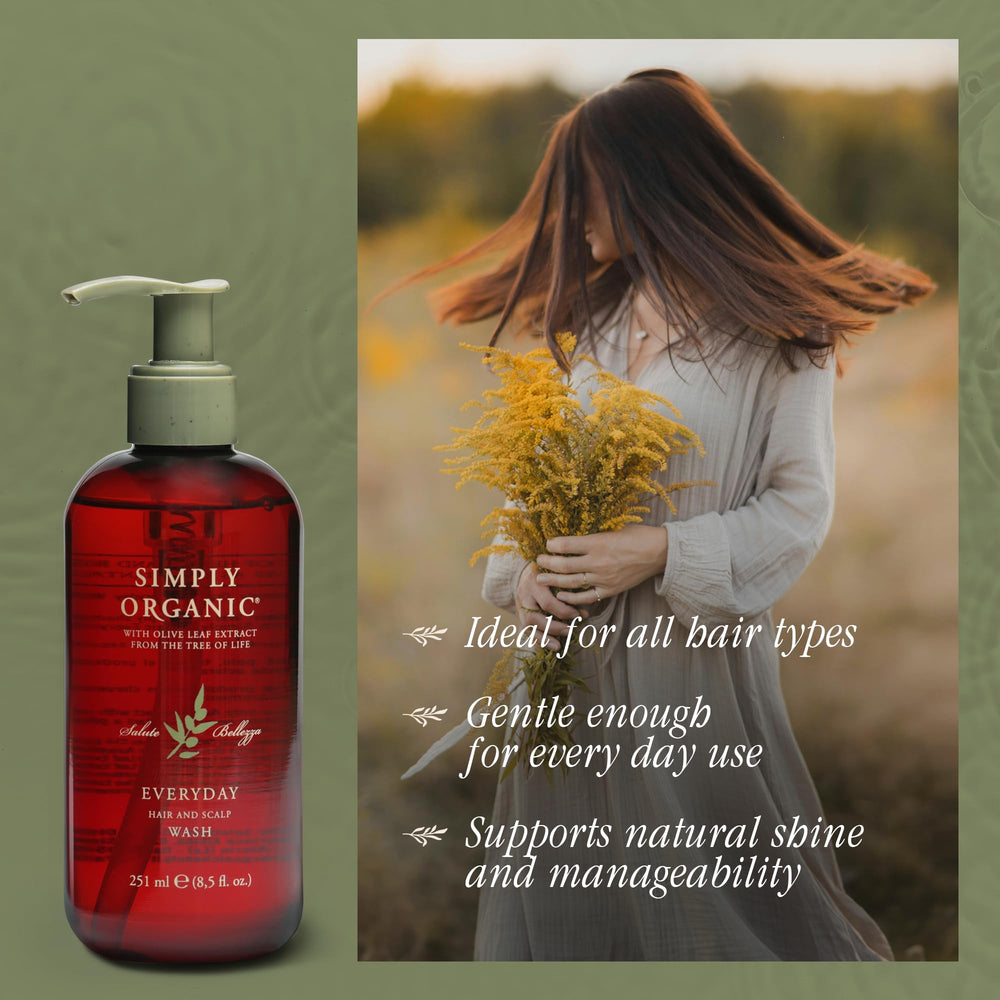 SIMPLY ORGANIC hair wash olive leaf extract detail for refreshing feel.