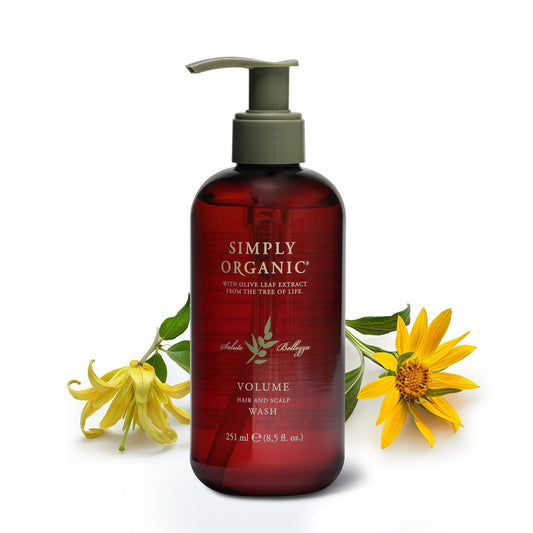 SIMPLY ORGANIC Volume Shampoo bottle showing fullness and shine for fine hair