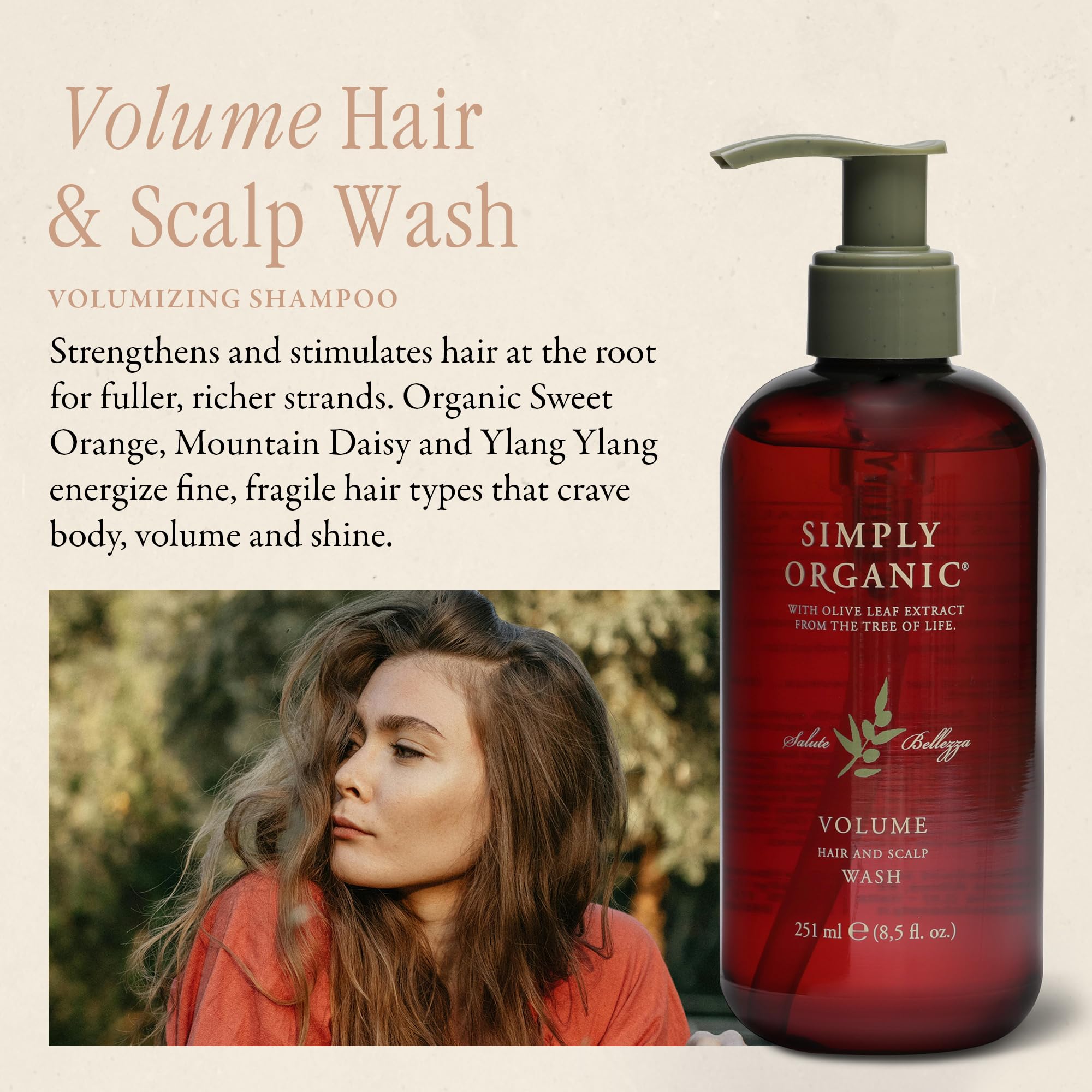 SIMPLY ORGANIC Volume Shampoo label highlighting natural ingredients