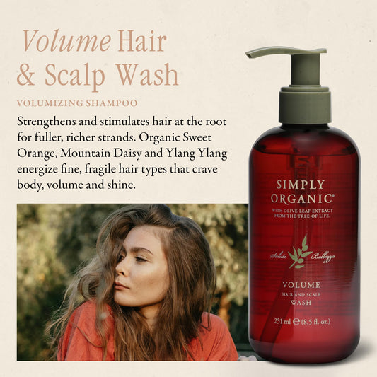 SIMPLY ORGANIC Volume Shampoo label highlighting natural ingredients