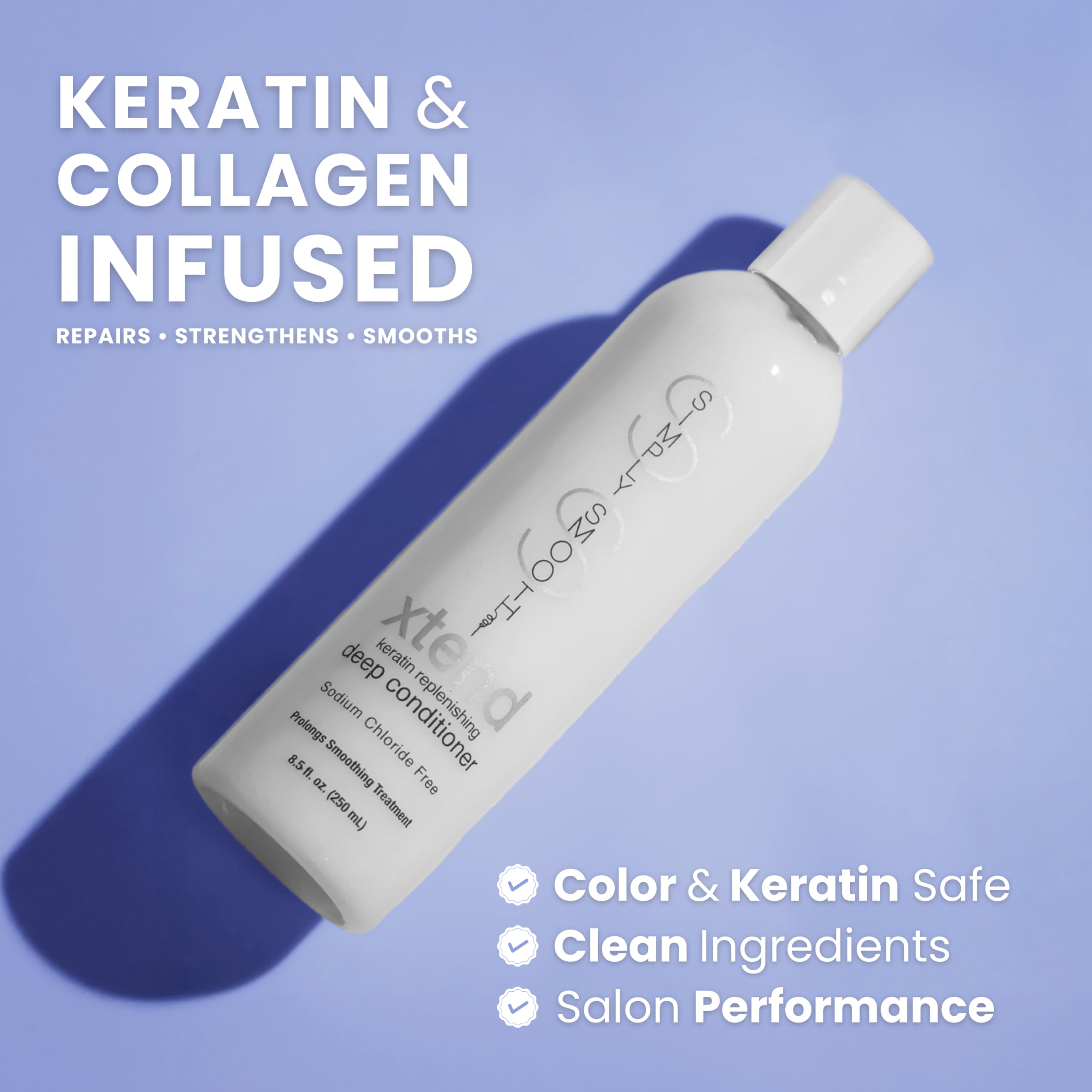 Simply Smooth Xtend Keratin Deep Conditioner on bathroom counter for salon-like shine.