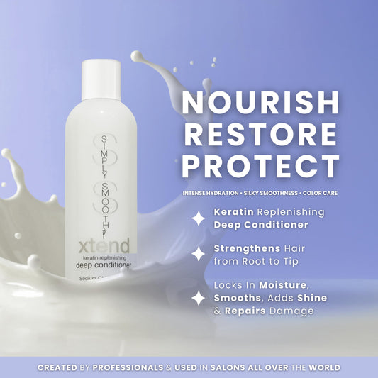 Simply Smooth Xtend Keratin Deep Conditioner jar emphasizes detangling and frizz control.