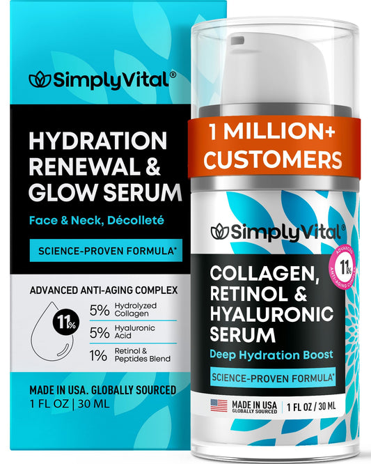SimplyVital collagen-retinol-hyaluronic serum bottle for smooth, hydrating daily use.