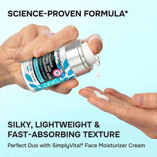 Close-up of SimplyVital serum bottle showing precise airless pump dispensing.