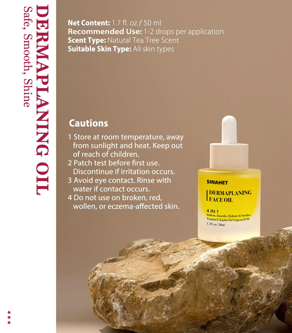 SINAHET Dermaplaning Oil ingredients highlight jojoba, grape seed, tea tree, and vitamin E.