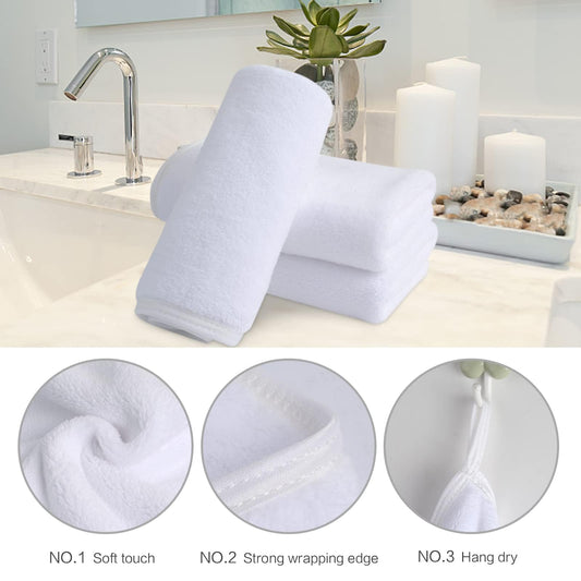 SINLAND ultra-soft microfiber face towel highlights compact 12x12 inch size ideal for travel.