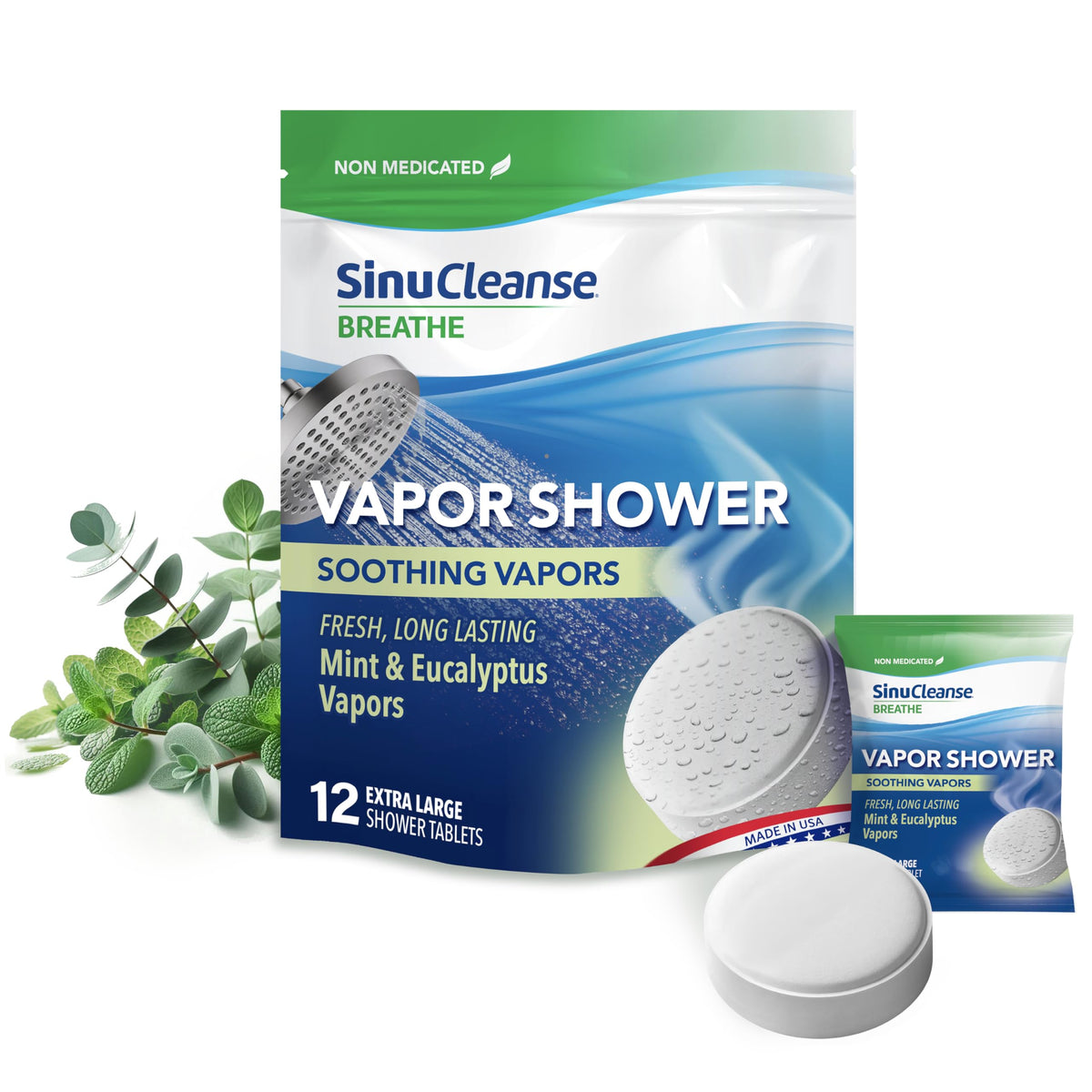 SinuCleanse vapor shower steamer tablet releasing eucalyptus and mint vapors for refreshing shower