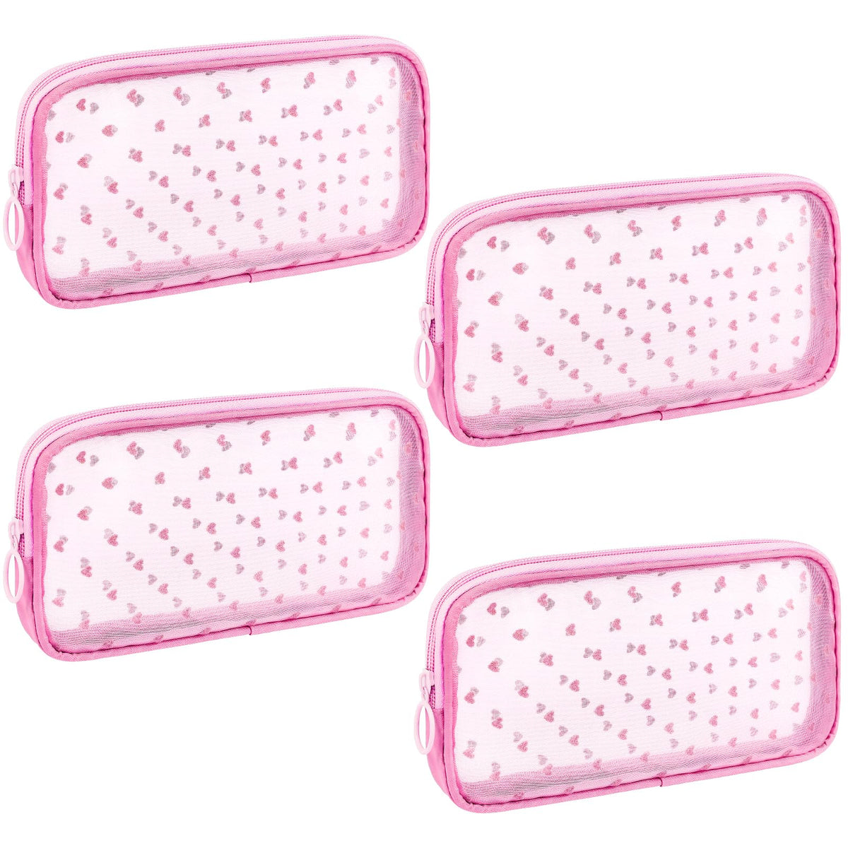 Sinzip heart-print pink mesh pouch front view, ideal for cosmetics organization.