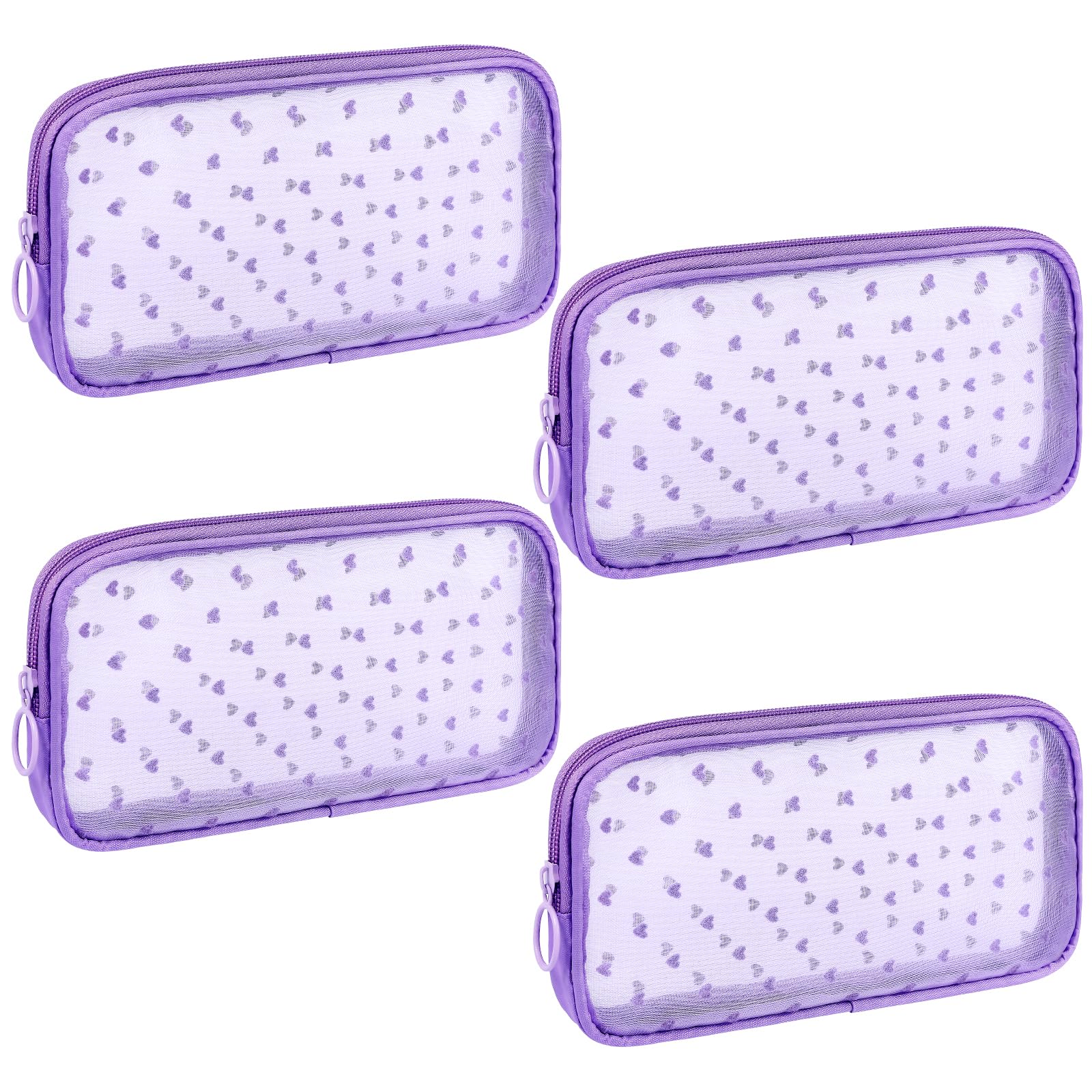 Sinzip heart print purple mesh pouch front view for stylish travel storage