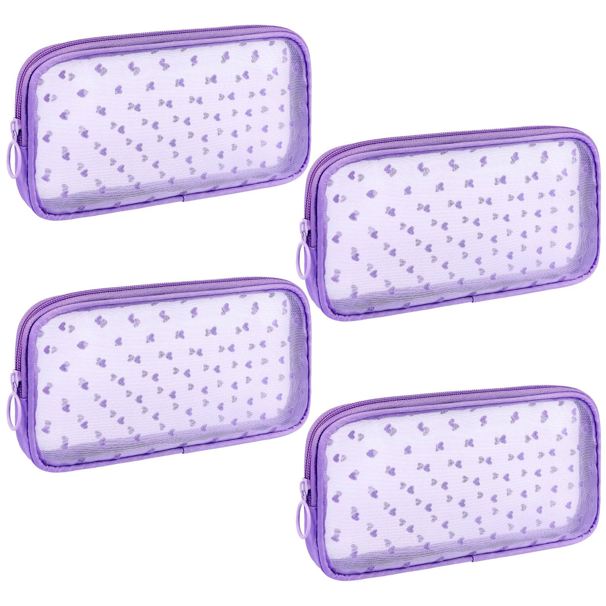 Sinzip heart print purple mesh pouch front view for stylish travel storage