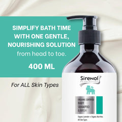 Sirenol Cosmos Certified ingredients label emphasizing organic, gentle care.