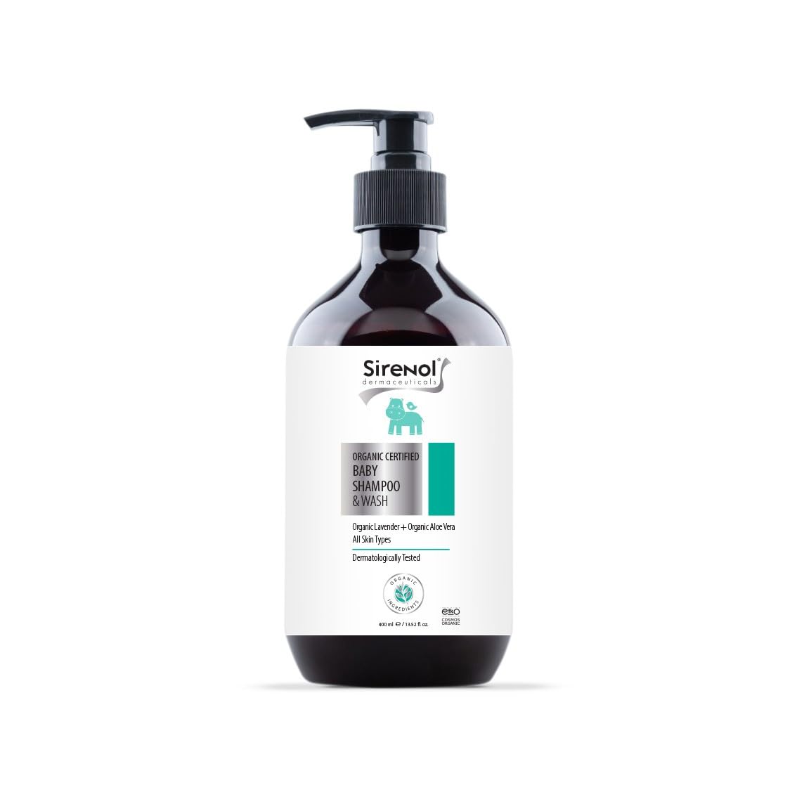 Sirenol organic baby shampoo bottle with Cosmos seal for gentle cleansing.