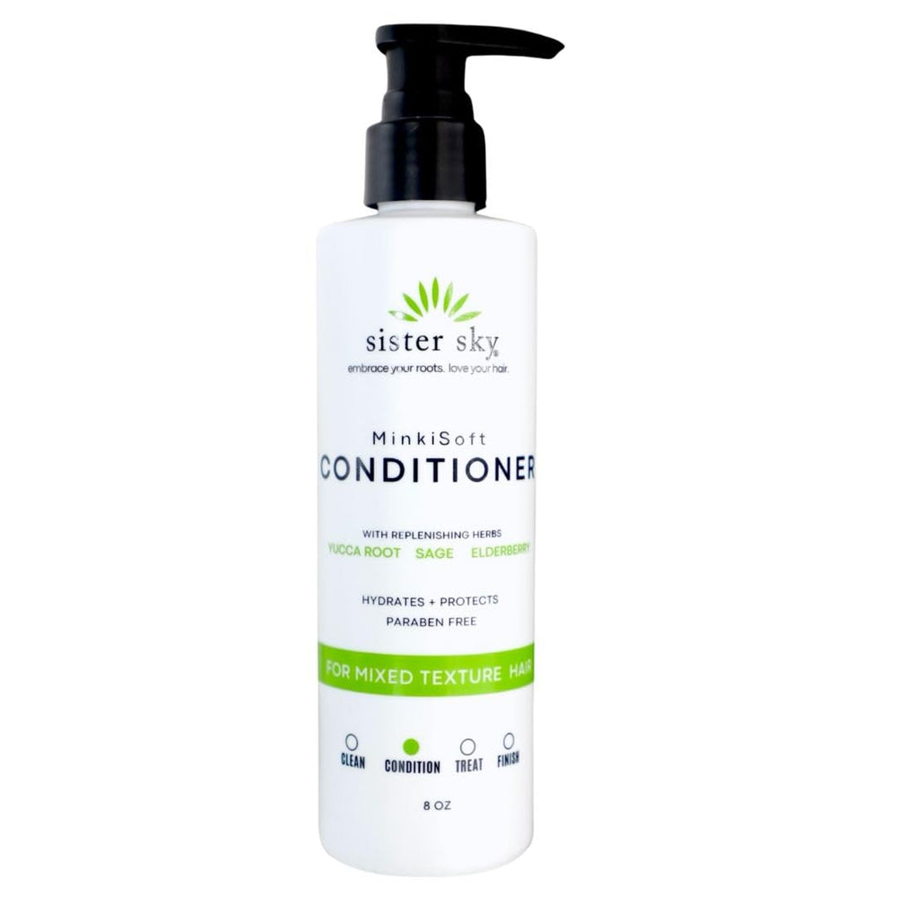 Sister Sky MinkiSoft conditioner bottle being poured for smooth, hydrated hair
