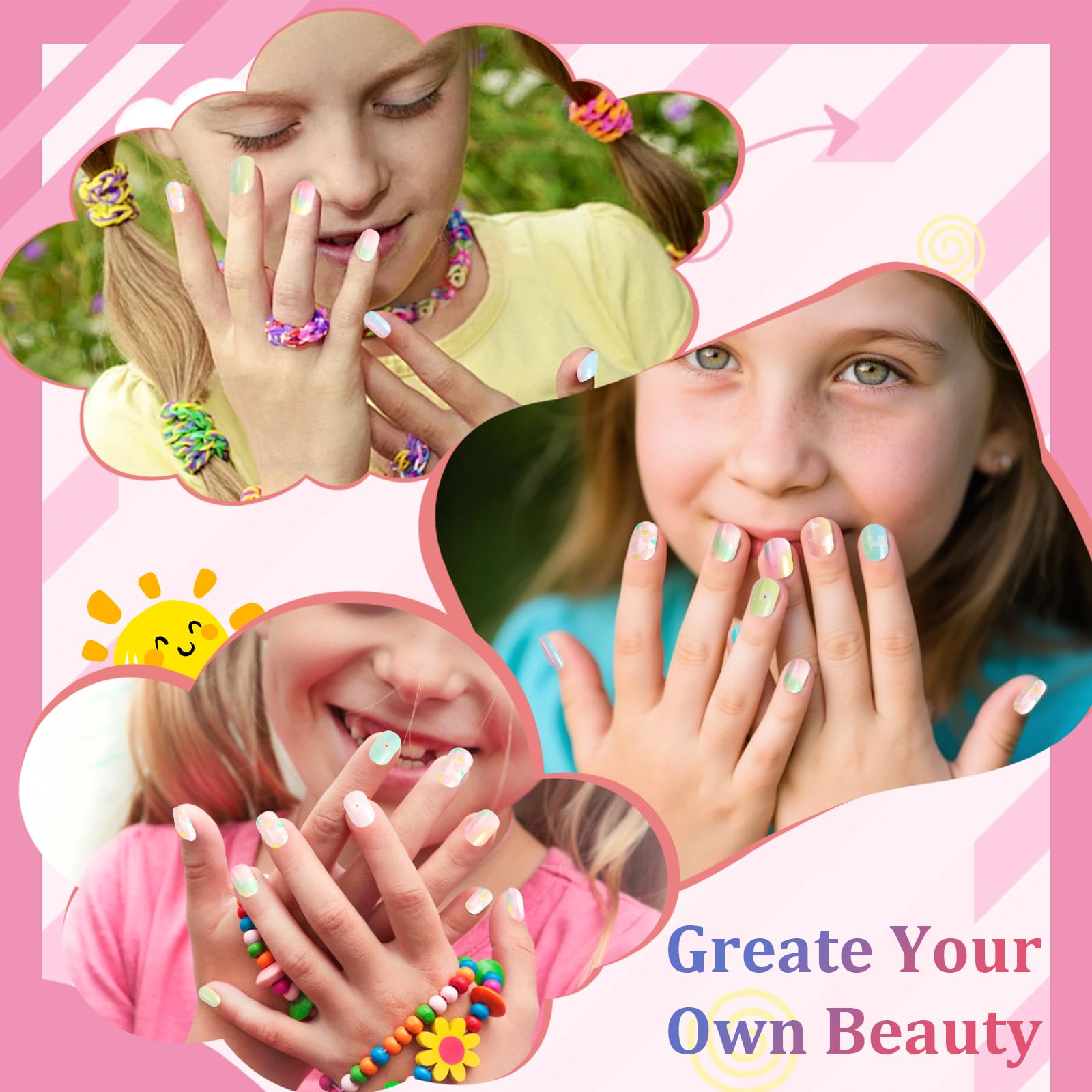 Colorful gradient nails laid out for kid-friendly display
