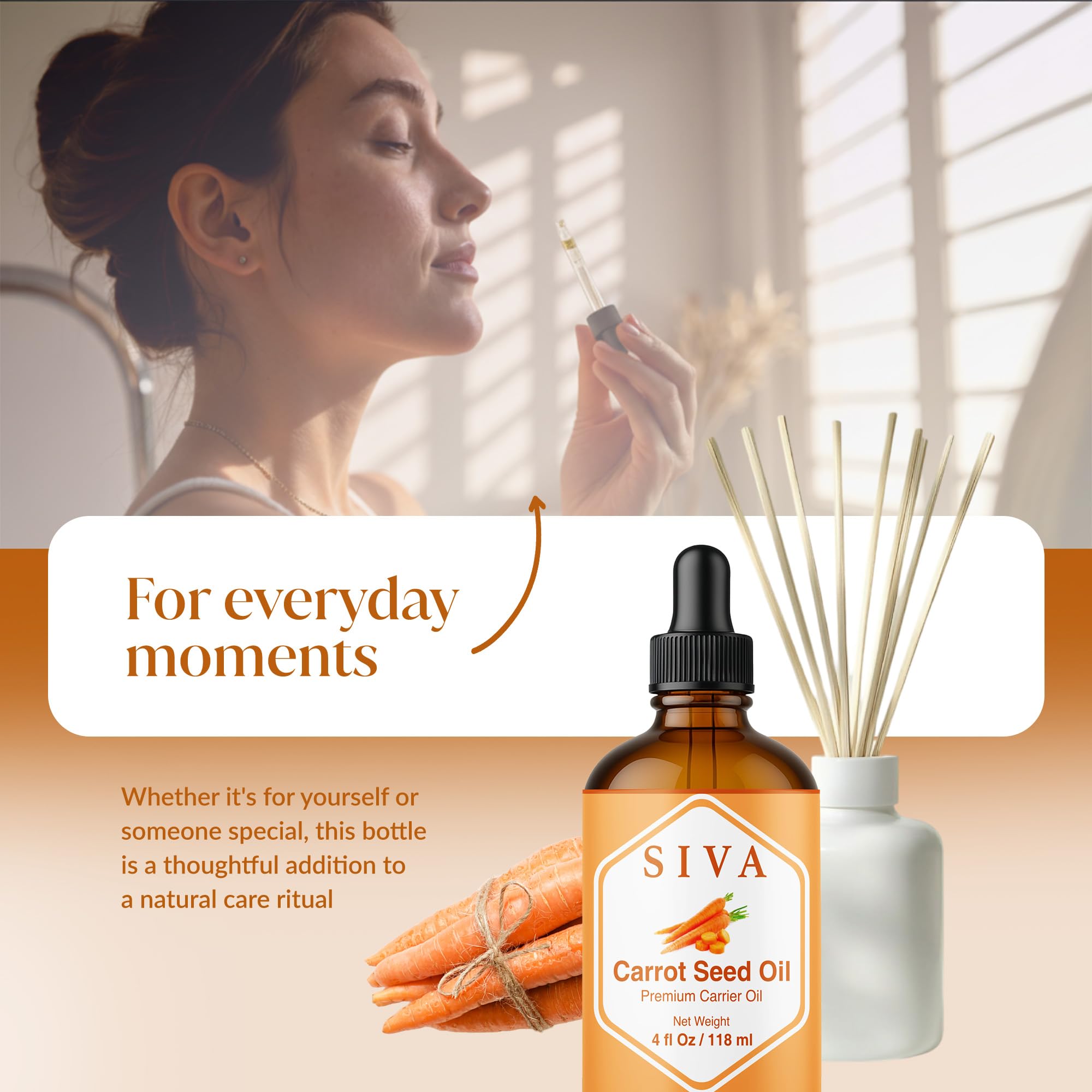 SIVA Carrot Seed Oil packaging closeup showing bottle and label