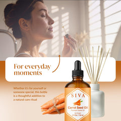 SIVA Carrot Seed Oil packaging closeup showing bottle and label