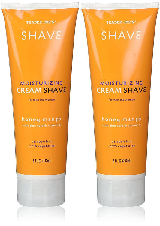 Sixyear Trader Joe's Honey Mango Shave Cream bottle for smooth, hydrated shaves with aloe vera