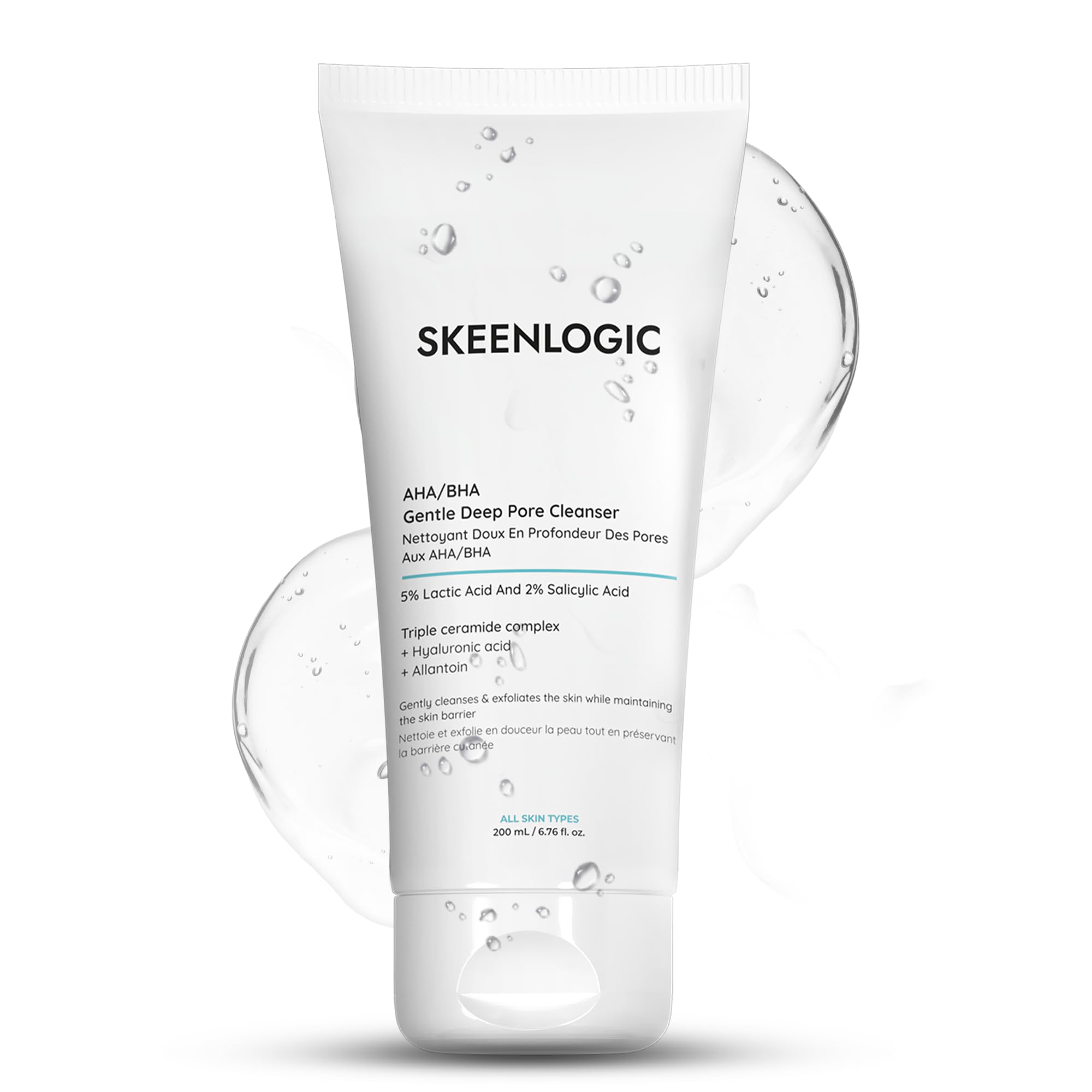 Skeenlogic bottle displaying the 2% salicylic acid and 5% lactic acid exfoliating formula.