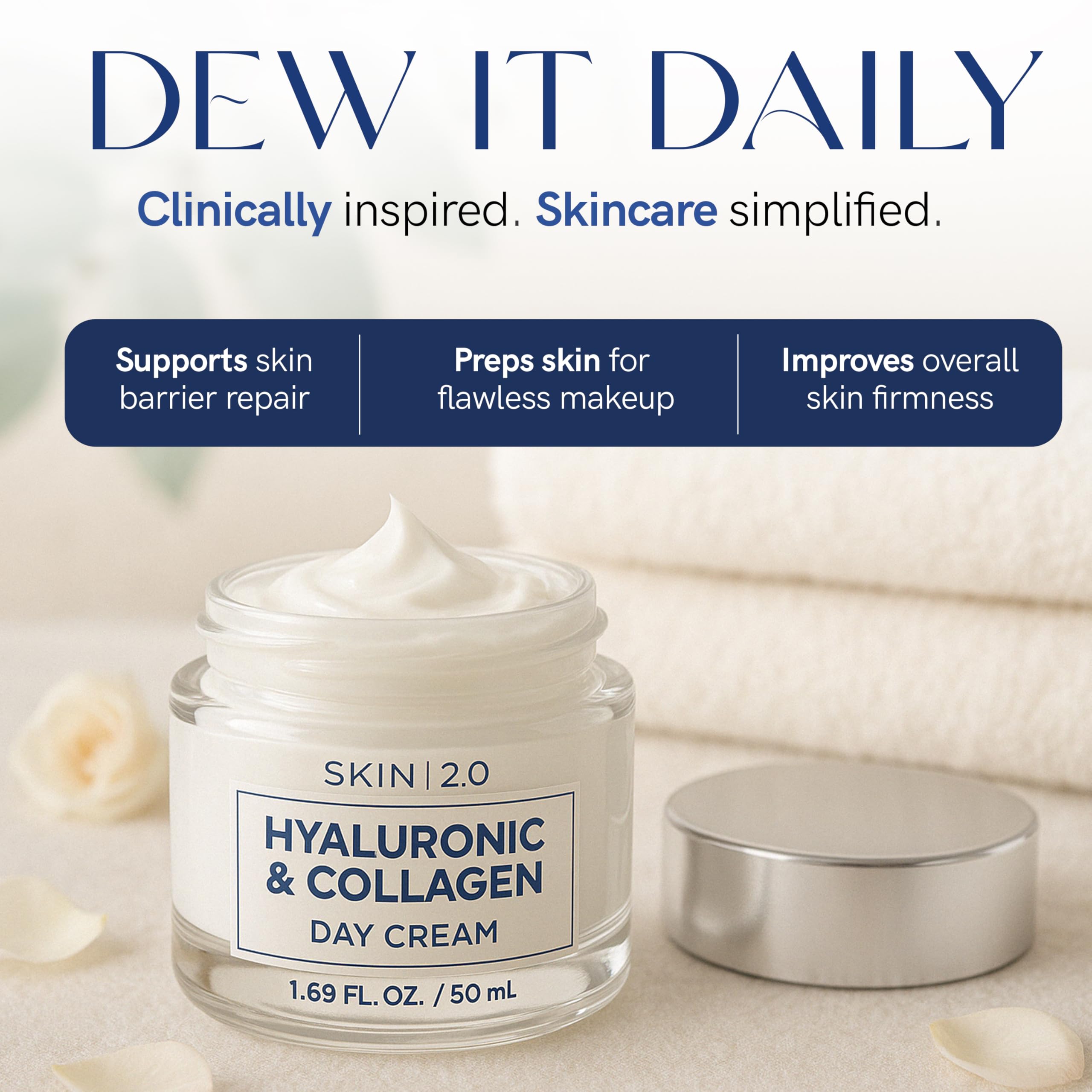 Skin 2.0 jar on counter highlights compact skincare ritual.