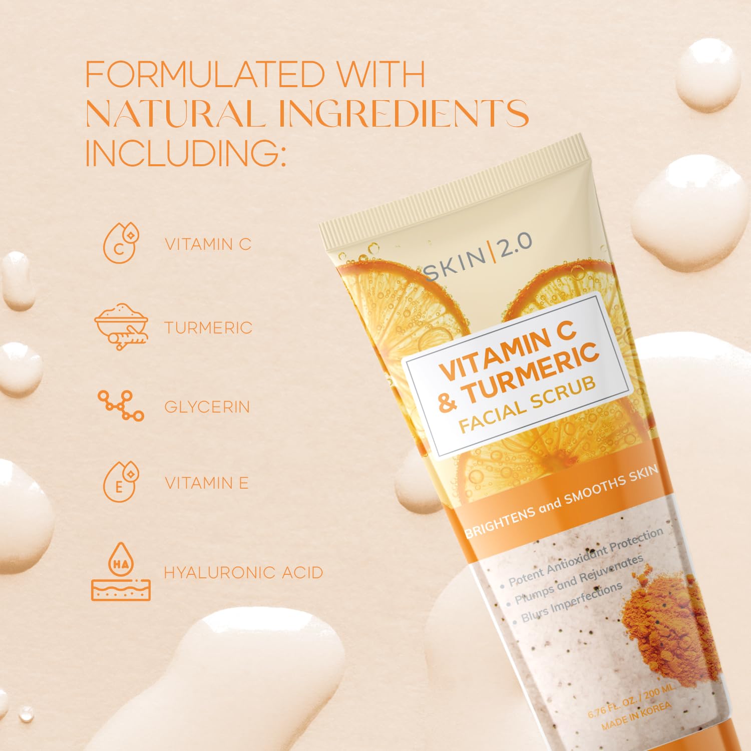 Skin 2.0 Vitamin C & Turmeric Scrub on bathroom shelf ready for routine.