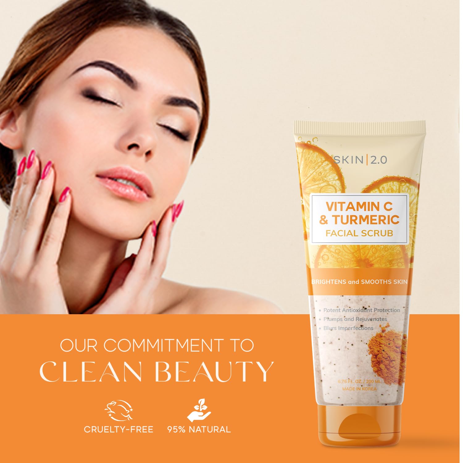 Skin 2.0 Vitamin C & Turmeric Scrub front-label conveying clean beauty and cruelty-free promise.