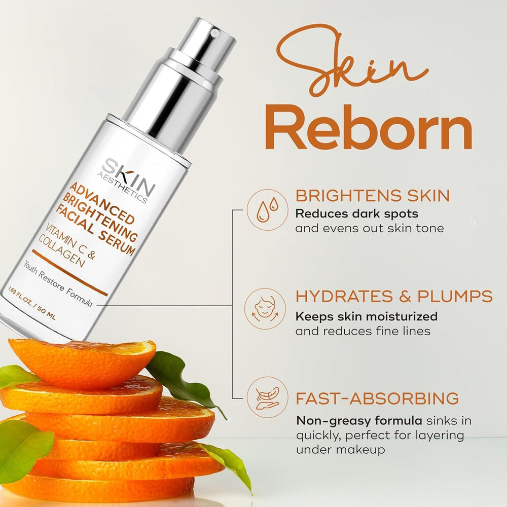 Skin Aesthetics Vitamin C Serum bottle close-up showing brightening use
