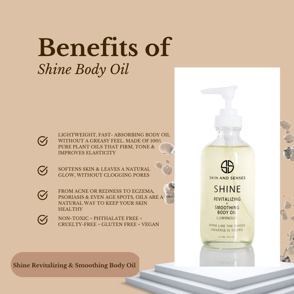 Skin And Senses Shine ingredients highlight organic oils and vitamin E profile