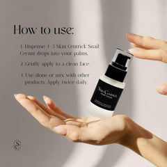 Elegant glass bottle of Skin Centrick Snail Mucin Serum for premium care.