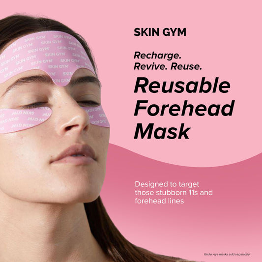 SKIN GYM image highlighting medical-grade silicone for durable forehead mask use.