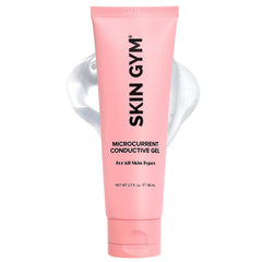 Skin Gym microcurrent gel bottle close-up, highlighting hydration and ease of use