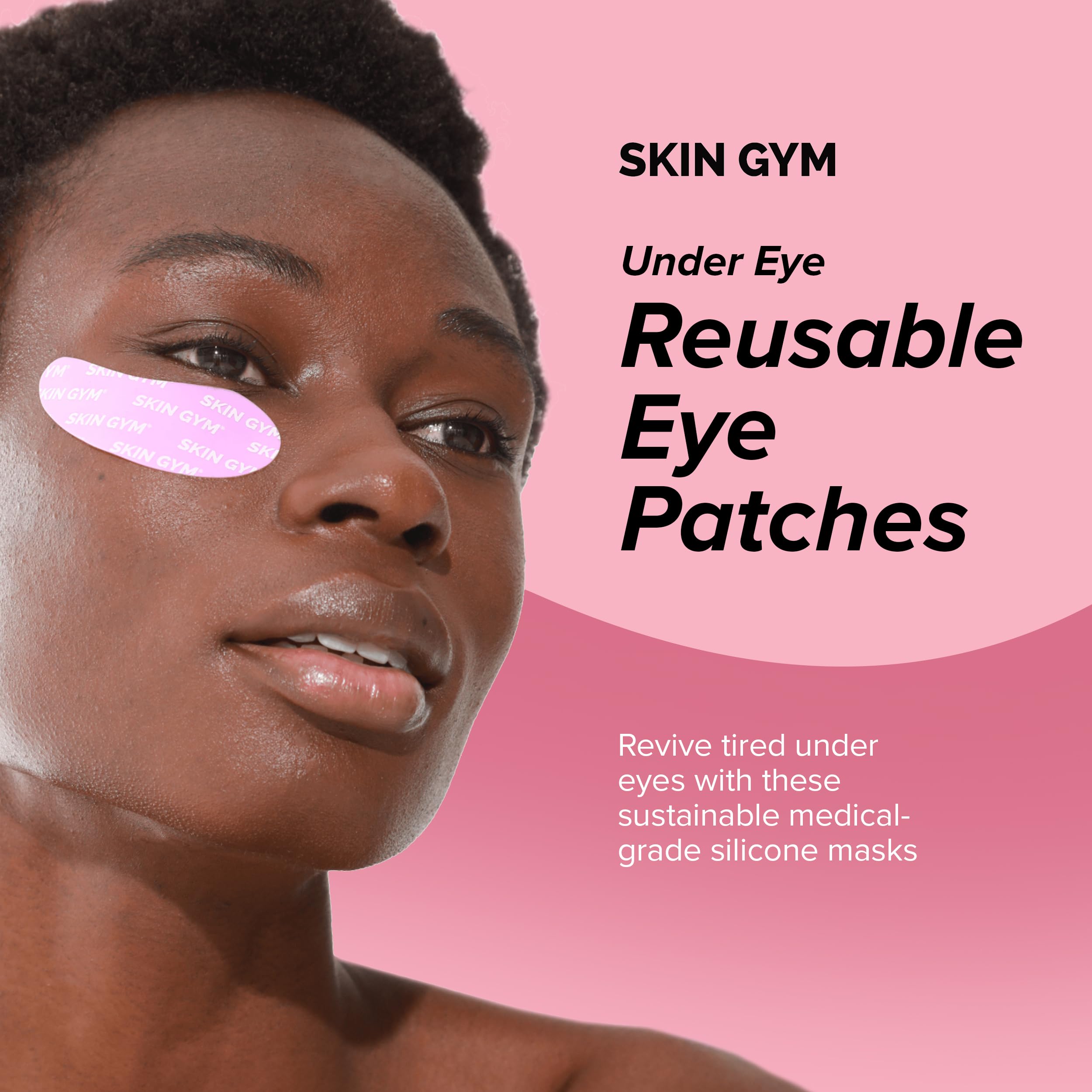Skin Gym Re-Usable Eye Mask demonstrates secure fit for comfortable at-home use.