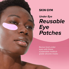 Skin Gym Re-Usable Eye Mask demonstrates secure fit for comfortable at-home use.