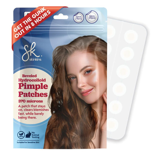 Skin Kins invisible pimple patches on the face for discreet protection.