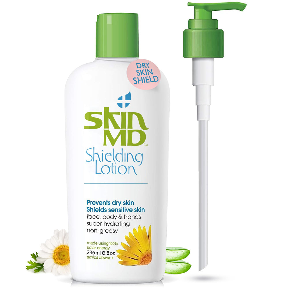 Skin MD Natural Shielding Lotion bottle close-up highlighting non-greasy hydration