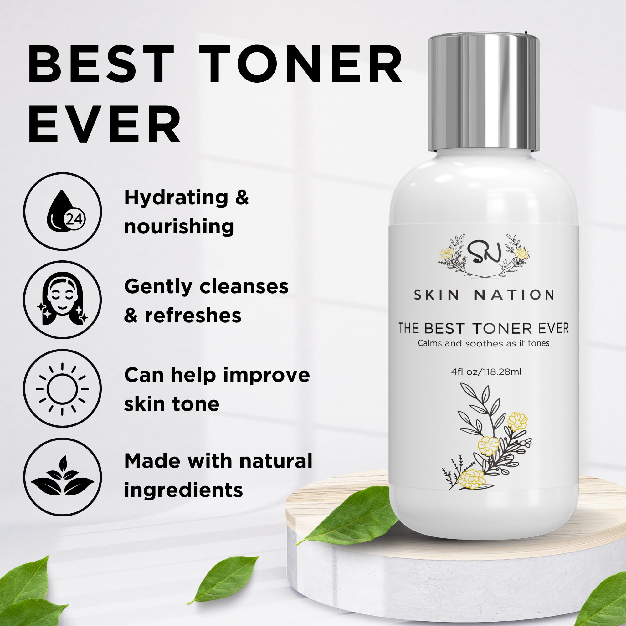 Skin Nation Rosewater Toner on wooden surface emphasizing clean, alcohol-free skincare