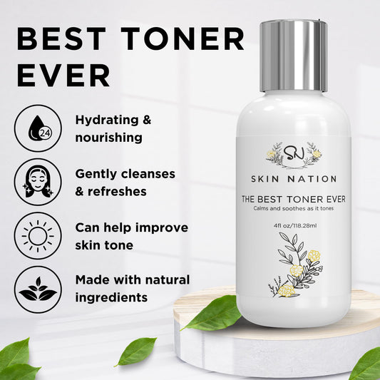 Skin Nation Rosewater Toner on wooden surface emphasizing clean, alcohol-free skincare