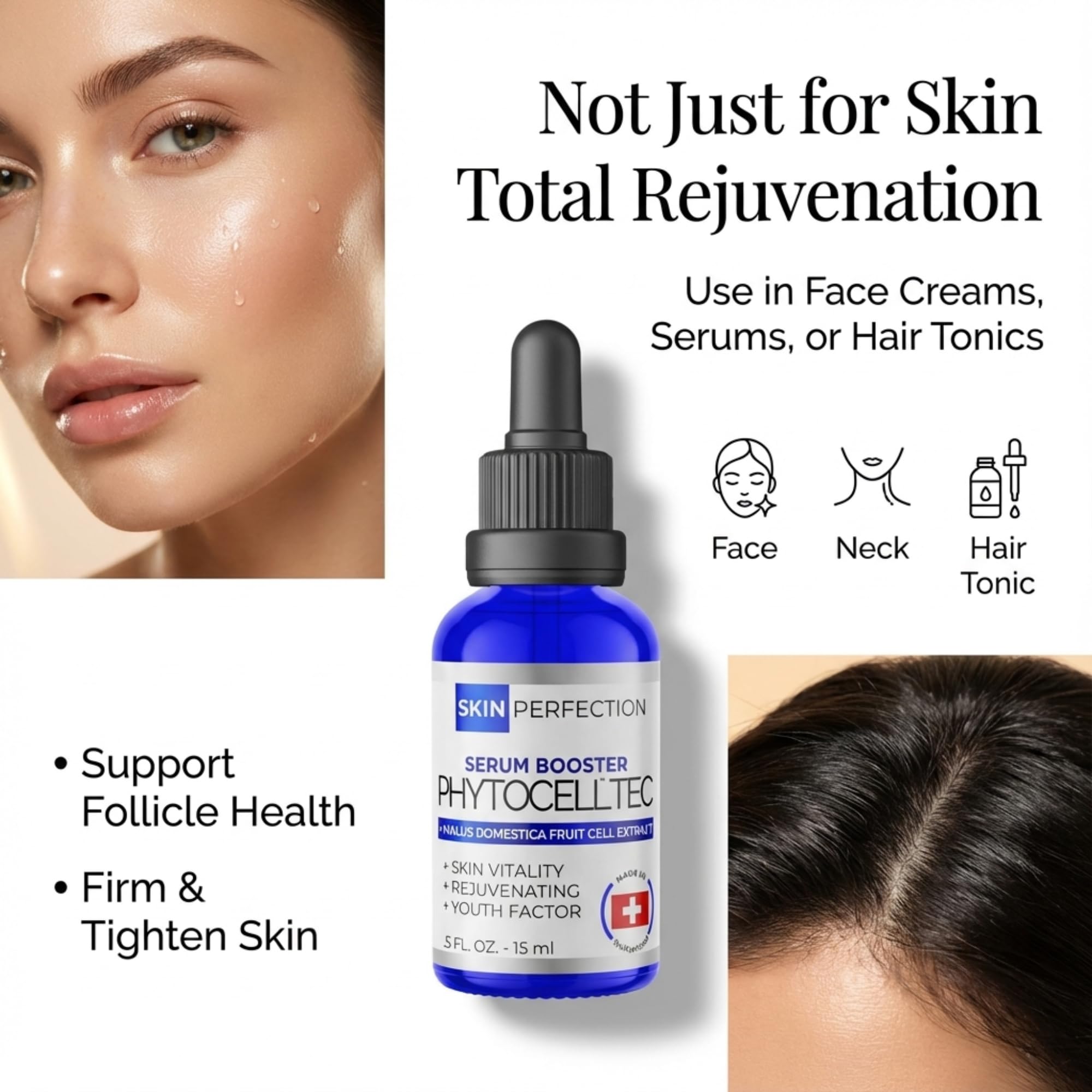 Skin Perfection bottle with dropper emphasizes controlled application and convenience.