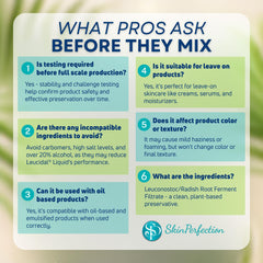 Skin Perfection Leucidal Liquid icon set communicates allergen-free and GMO-free attributes.