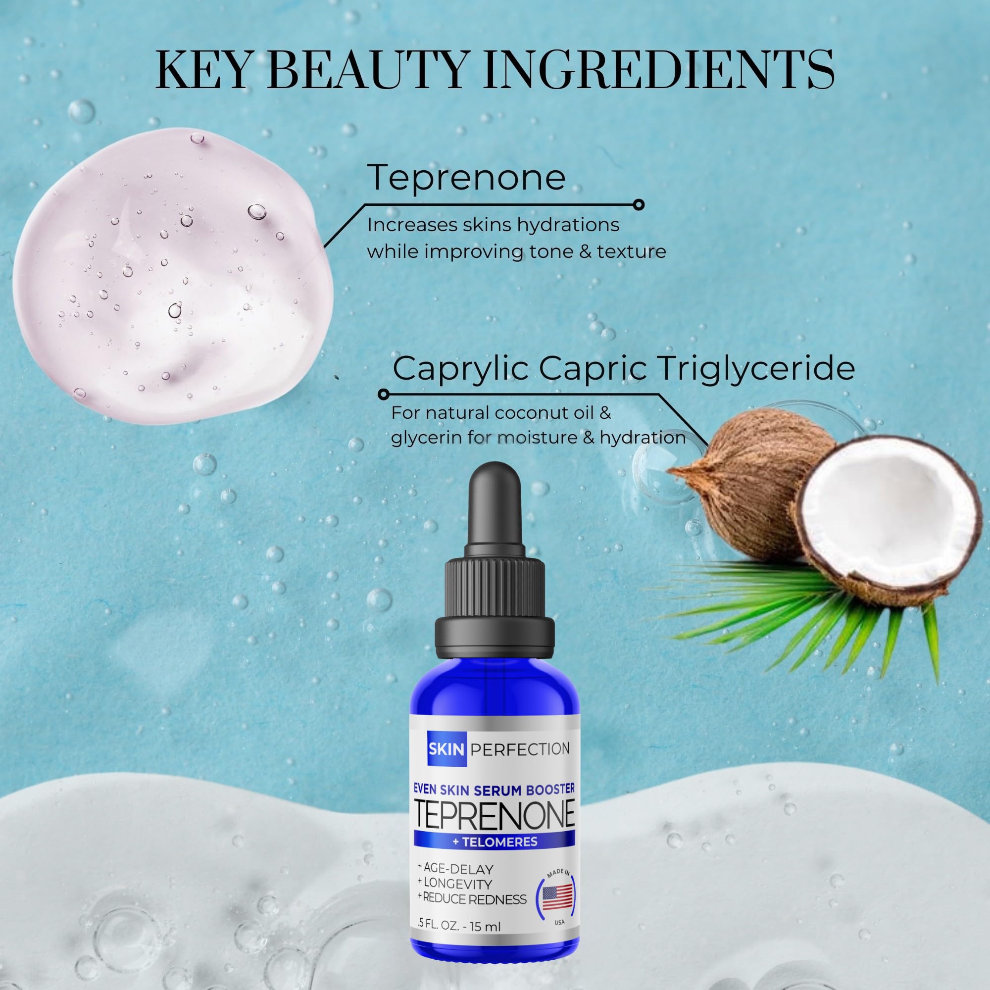 Bathroom shelf with Skin Perfection Teprenone Serum Booster bottle