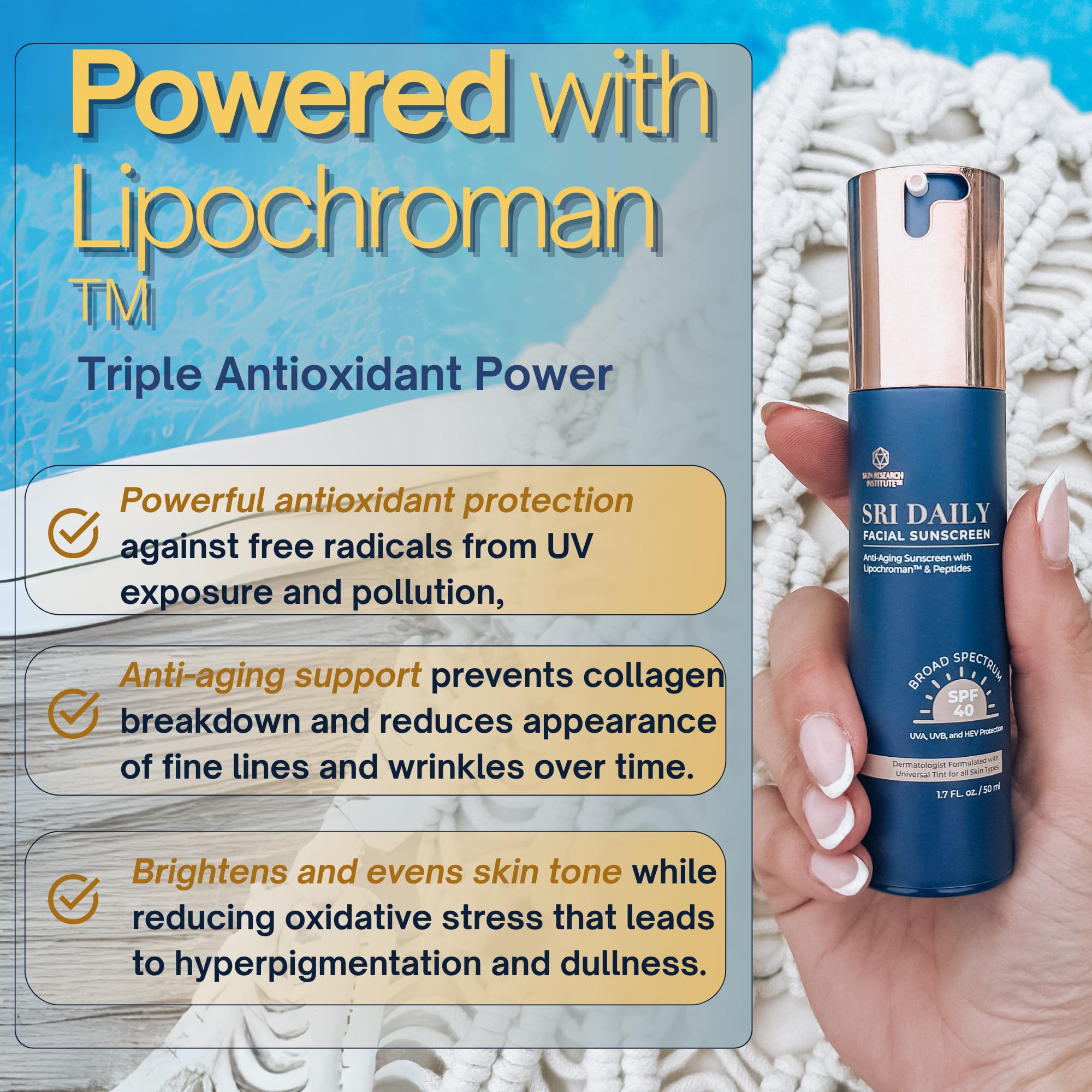 Lipochroman antioxidant highlight in SRILabs sunscreen formula.